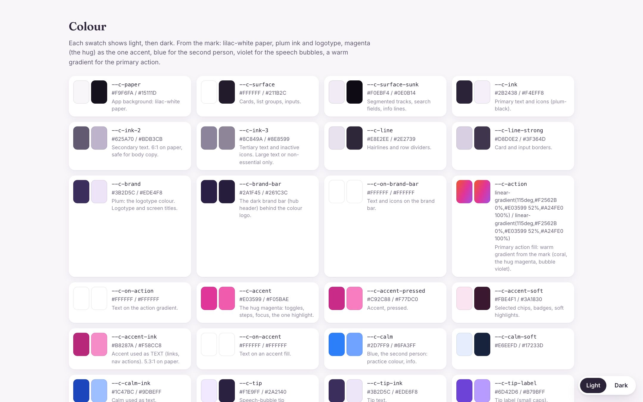The huddlie design system page: the lockup, the brand bar and the tip bubble