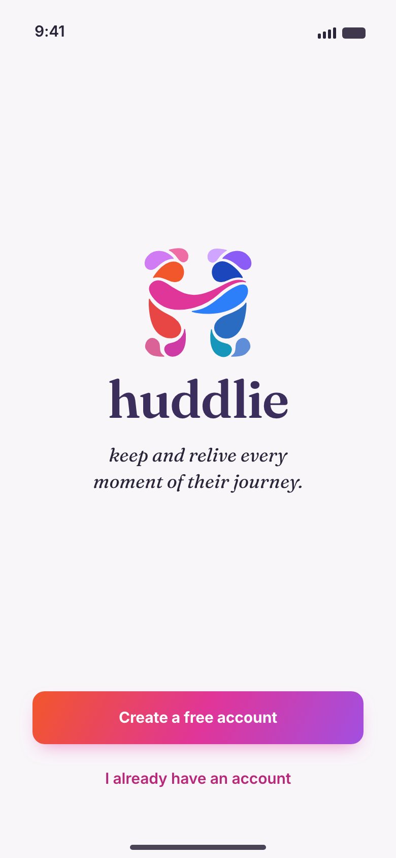 Welcome screen with the huddlie lockup