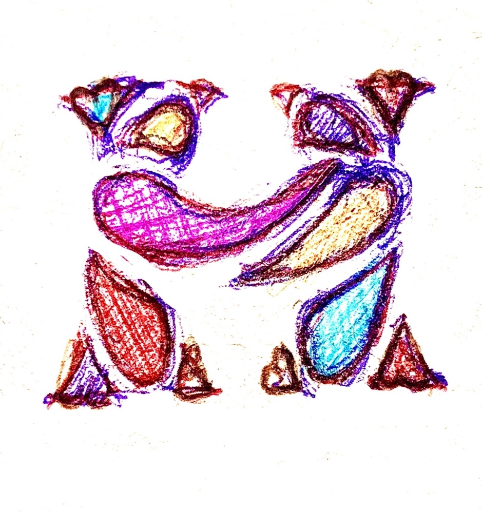 The huddlie mark drawn in coloured crayon: two figures forming an H
