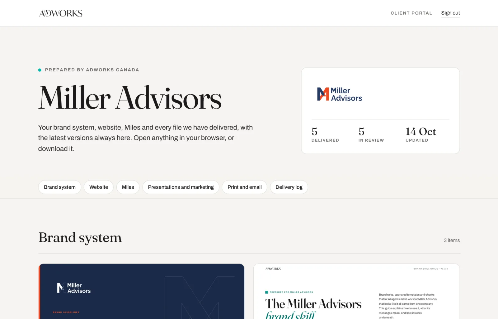 Miller Advisors' client portal: their brand system, website, Miles, presentations, print and email files, each with a preview and a download button