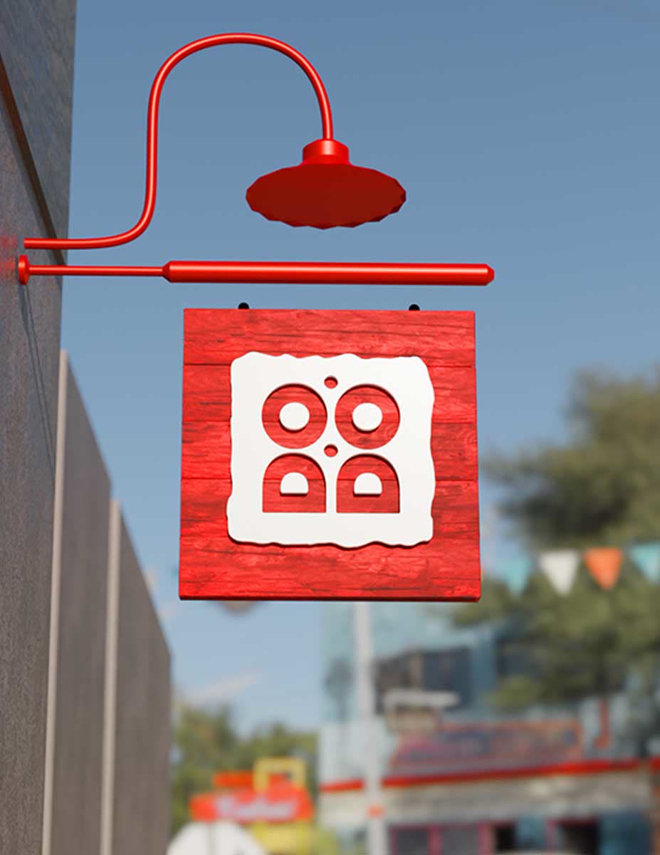 The Dodoner projecting sign installed on the street