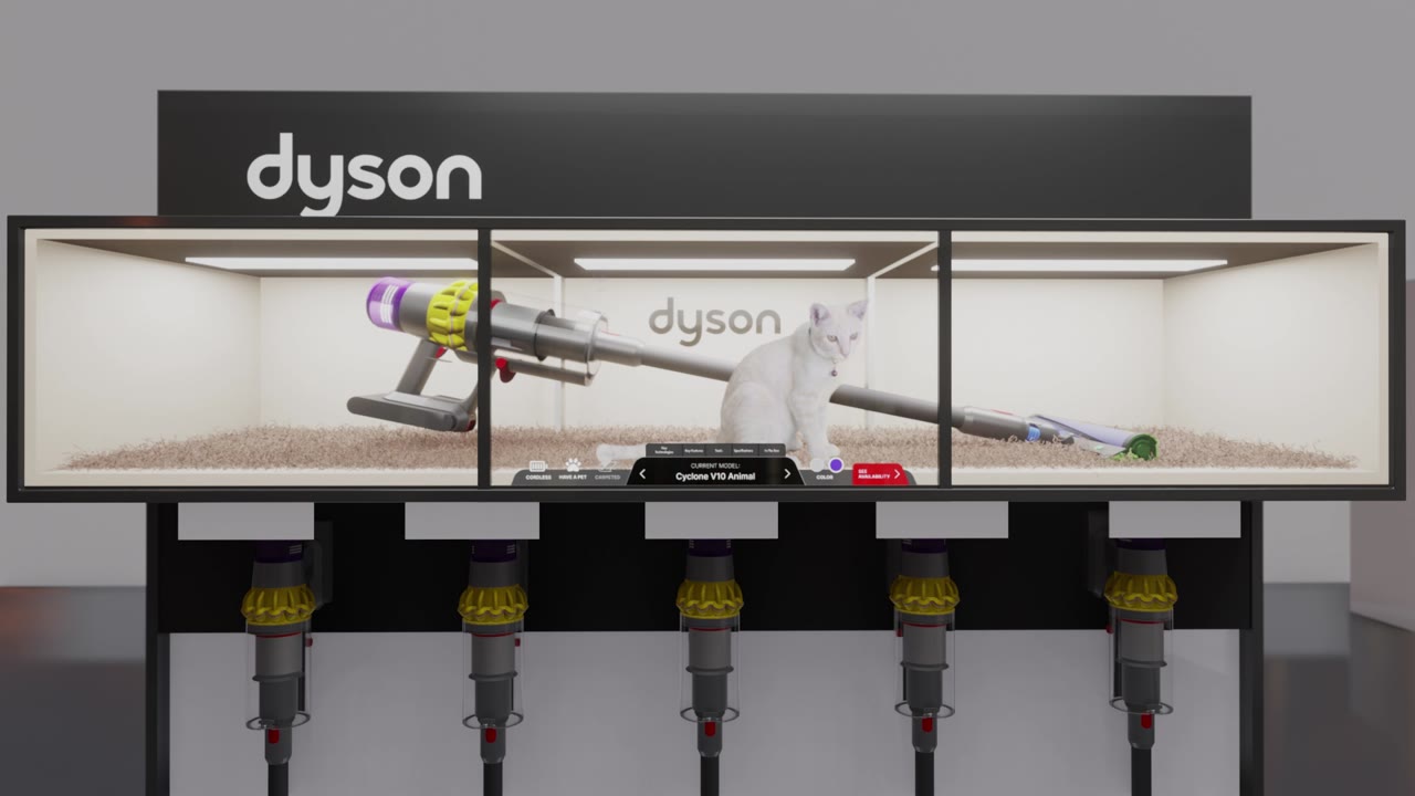 Close on the display bays, with the bright room scene