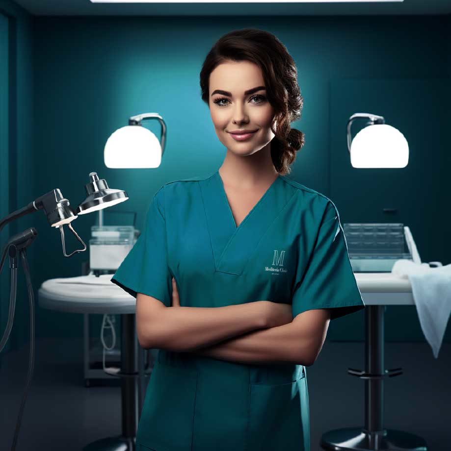 Uniform visualization: a clinician in teal scrubs with the Mediteria M on the chest