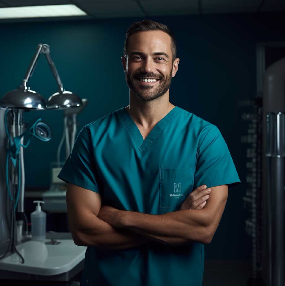 Uniform visualization: a clinician in teal scrubs with the Mediteria M on the chest