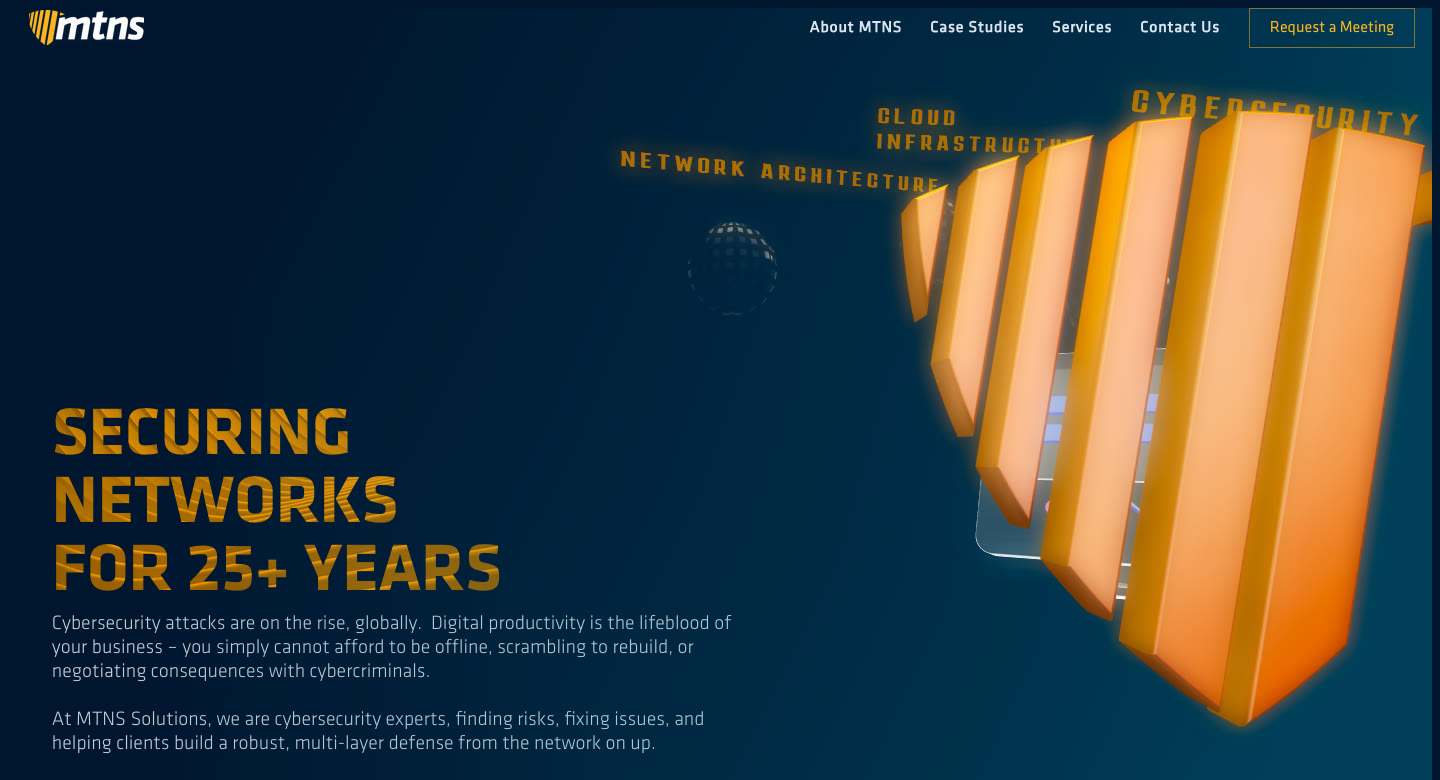 The mtns.ca home page: Securing networks for 25+ years, beside a large three-dimensional amber shield