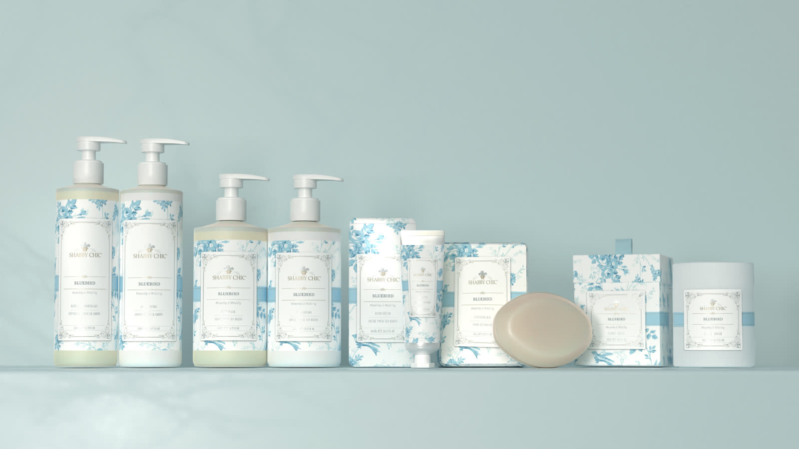 The Shabby Chic Bluebird line: pumps, lotions, hand cream, soap, gift box and candle