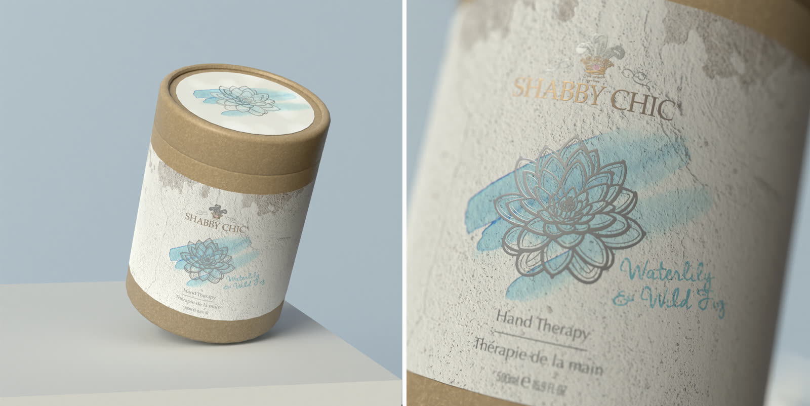 Concept two: a Waterlily and Wild Fig hand therapy canister and label in watercolour