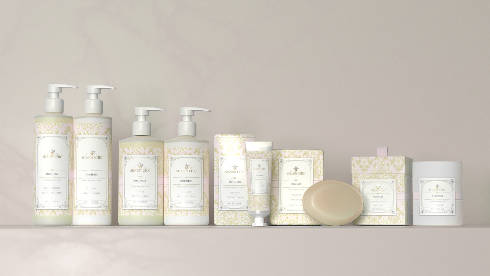 The Shabby Chic Duchess line: pumps, lotions, hand cream, soap, gift box and candle