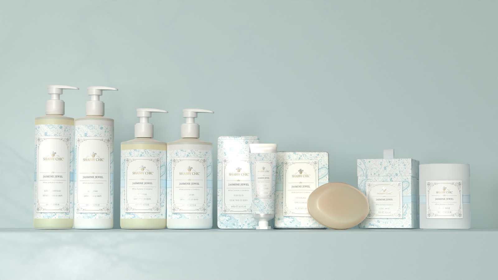 The Shabby Chic Jasmine Jewel line: pumps, lotions, hand cream, soap, gift box and candle
