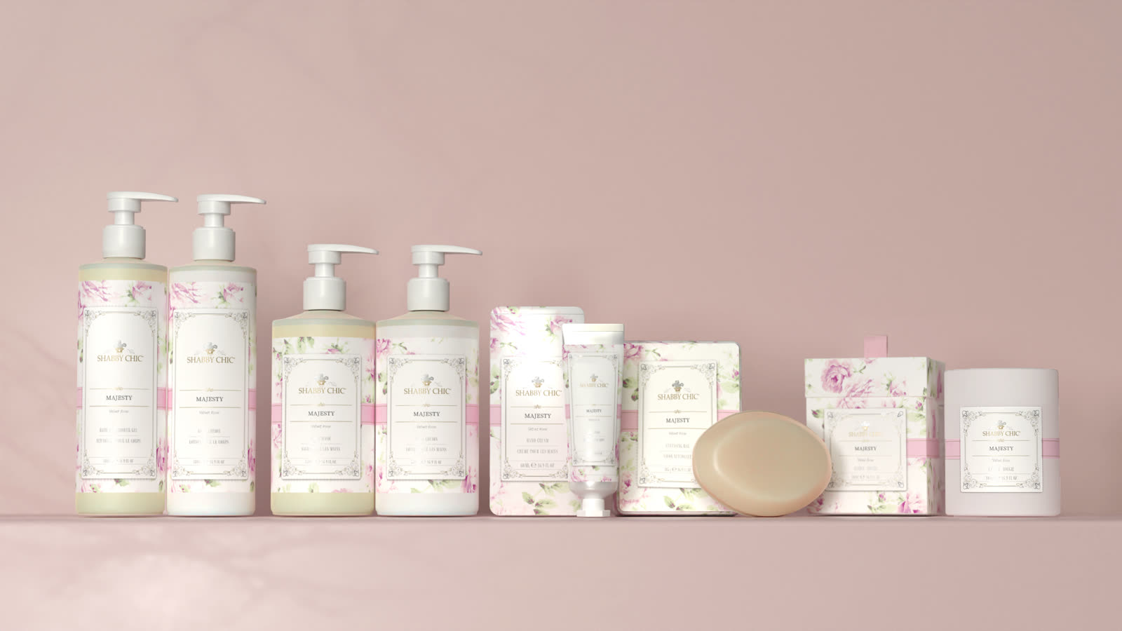 The Shabby Chic Majesty line: pumps, lotions, hand cream, soap, gift box and candle